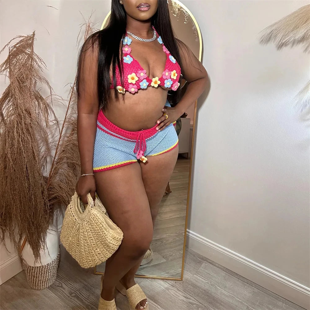 HLJ&GG Sweet Pastoral Fashion Knitting Little Flower Hollow Two Piece Sets Women Halter Lace Up Backless Bra And Shorts Outfits