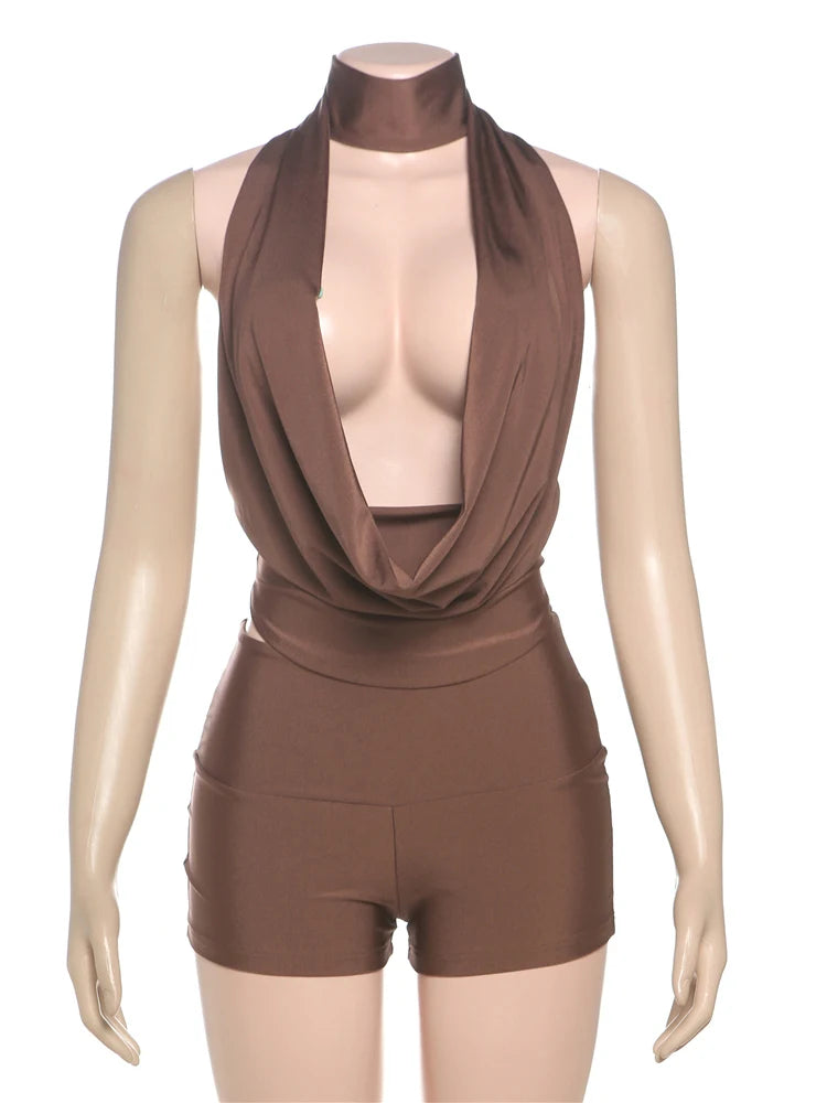 Weird Puss Sexy 2 Piece Set Women 2025 Summer Halter Backless Lace Swing Collar Crop Top+Shorts Matching The Banquet Outfits