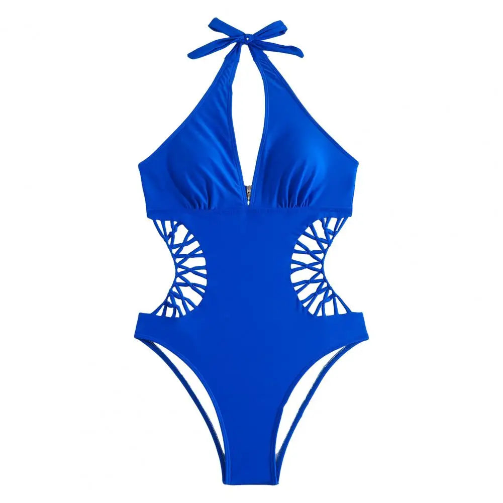 Summer Women Monokini Solid Color Hollow Out See-through Deep V Neck Lady Swimsuit Elastic High Waist Padded Bathing Suit