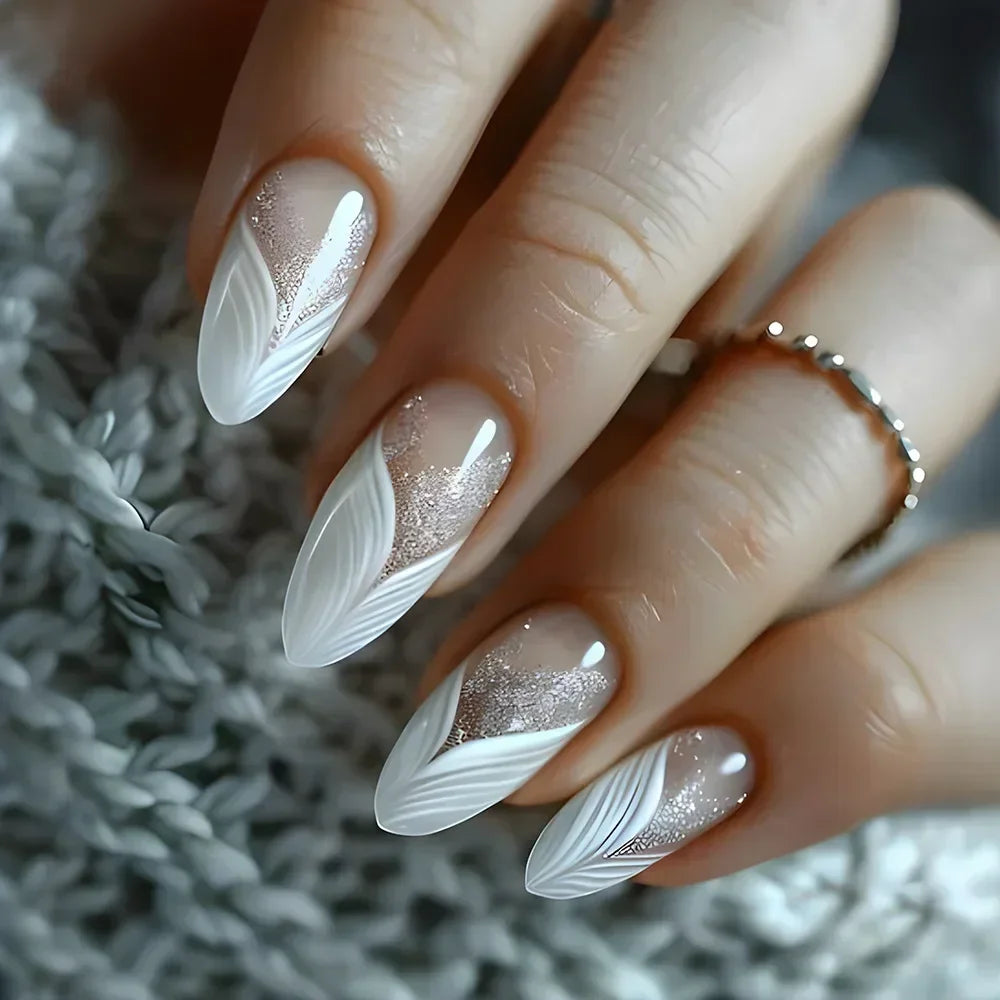 24pcs French Almond Press on Nails Leopard Print False Nails 3D Bow Wearable Stick-on Nails Fake Nail Uñas Накладные Ногти 네일팁