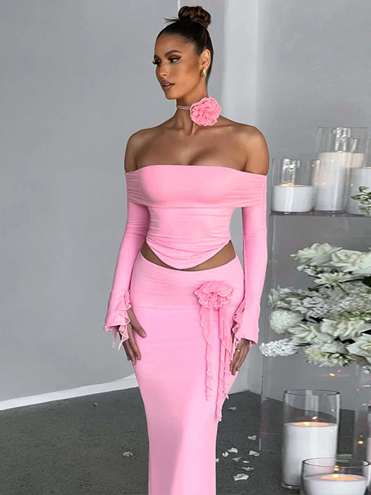 Dulzura Matching Suit Neck Accessories 3D Flower Off Shoulder Long Trumpet Sleeves Crop Top Tassel Maxi Skirt 2024 Autumn Women