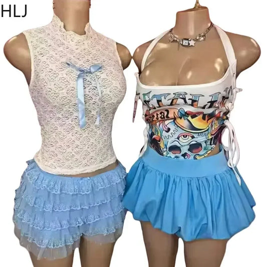 HLJ&GG Sweet Lace Sheer Ruched Two Piece Sets Women Round Neck Sleeveless Top And Skirts Shorts Outfits Fashion 2pcs Streetwear