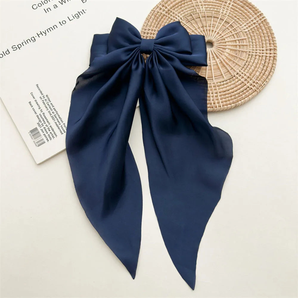 Ladies Satin Large White pink Red Blue Black Ribbon bow Oversized bow Long tail hair clip spring clip ponytail Hair accessorie
