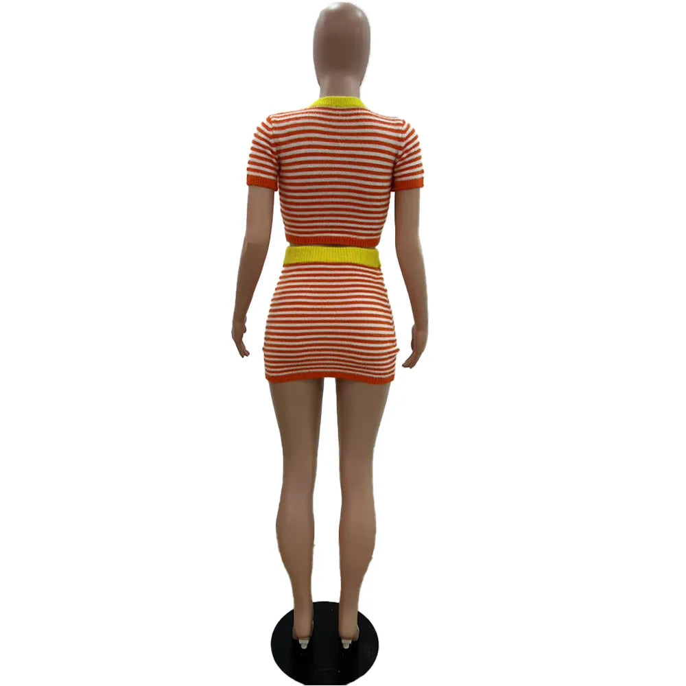 Weird Puss Crochet Stripe 2 Piece Set Women o-Neck Short Sleeve Crop Tops+Contrast Skinny Skirts Hottie Vacation Casual Outfits
