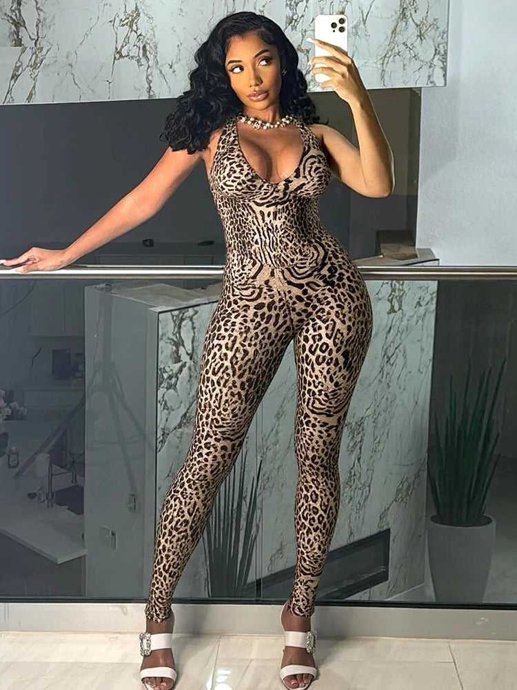 Weird Puss Leopard Print Jumpsuit Women Coquette Summer Trend Midnight Club Activity Sleeveless Fitness Stretch Workout Overalls