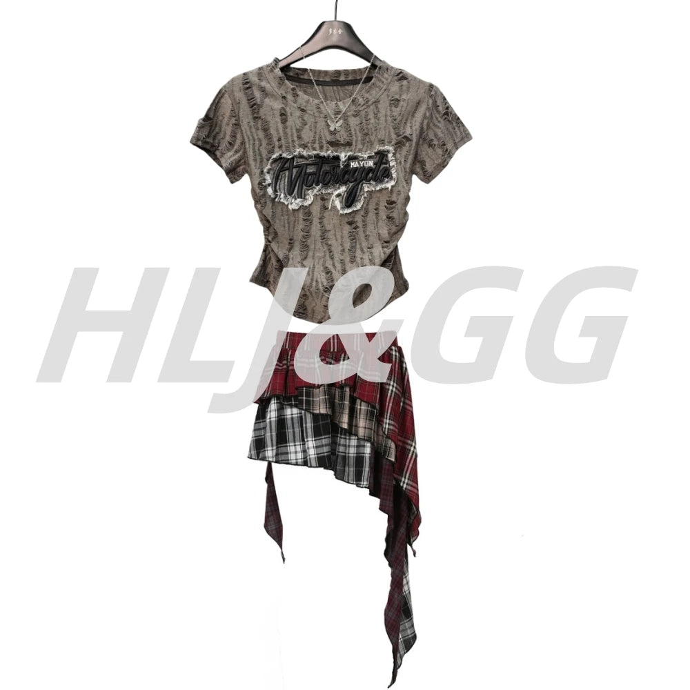 HLJ&GG Fashion Plaid Printing Irregular Mini Skirts Two Piece Sets Women O Neck Short Sleeve Top And Skirts Outfits Streetwear