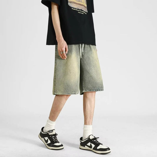 denim shorts, men's 2025 summer thin style retro loose American fashion brand casual five inch mid length pants