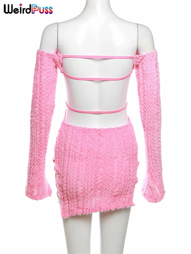 Weird Puss Knit Elegant Slash Neck Dress Women Sexy Trend Backless Irregular Skinny Streetwear Midnight Side Hollow Chic Bodycon