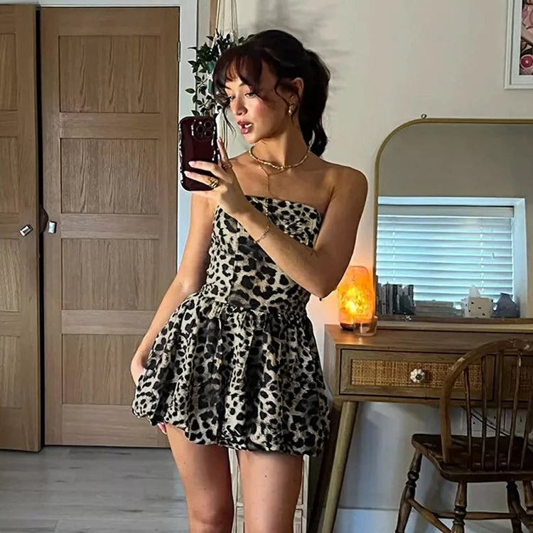 STYLISH LADY Leopard Printed Bud Dress 2025 Spring Strapless Backless Patchwork Sexy Club Party Mini Vestidos De Festa