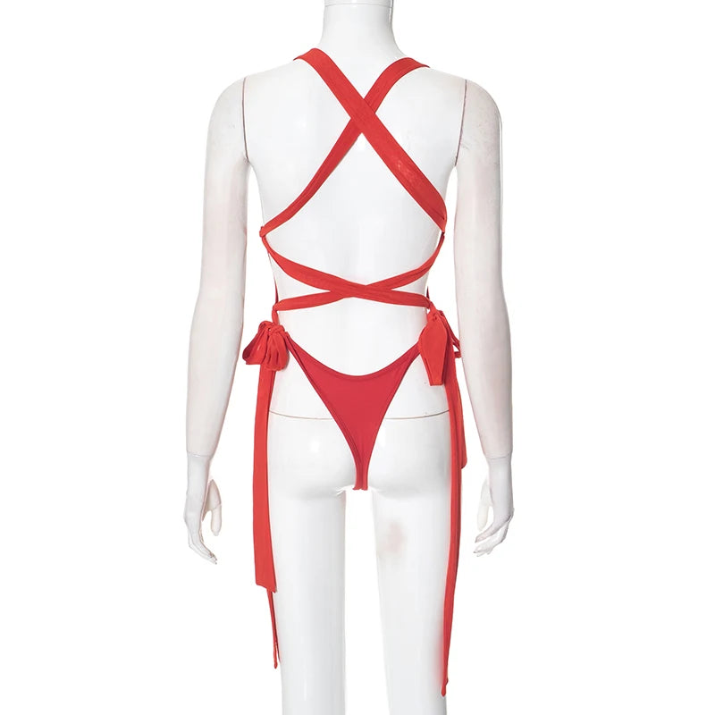 Weird Puss Irregular Backless 2 Piece Set Woman Bandgae Sexy Bodysuits+Mesh See Through Dress Vacation Beach Party Trend Outfits