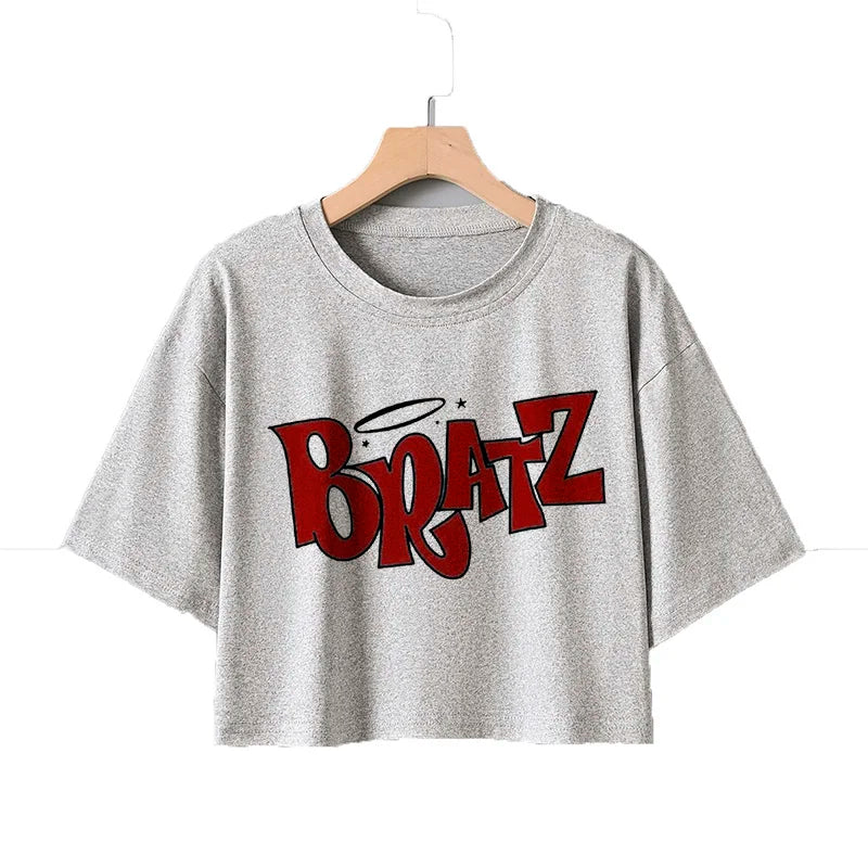 T Shirt Woman 2025 New in Cropped Cherry Print Crew Neck T-shirt Y2K Short Sleeve Fit Crop Top Spring Summer Women's Clothing