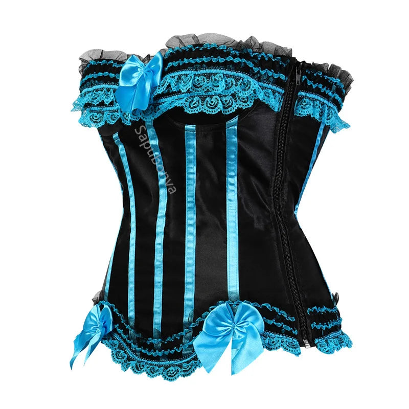 Sapubonva Lace up corsets bustiers top sexy satin overbust corset striped ladies satin halloween big size red black pink korsett
