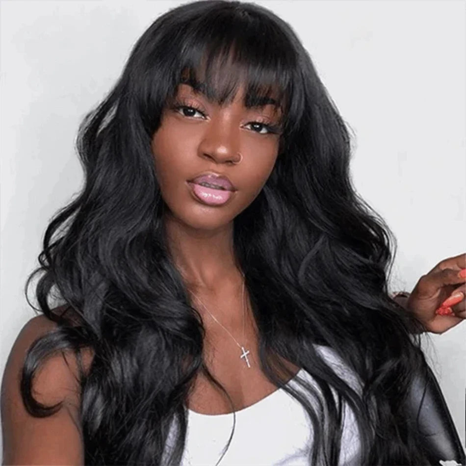 3x1 Middle Part Lace Wig Body Wave Cheap Wigs Full Machine Made Human Hair Wig with Bangs for Women on Clearance Sale Front