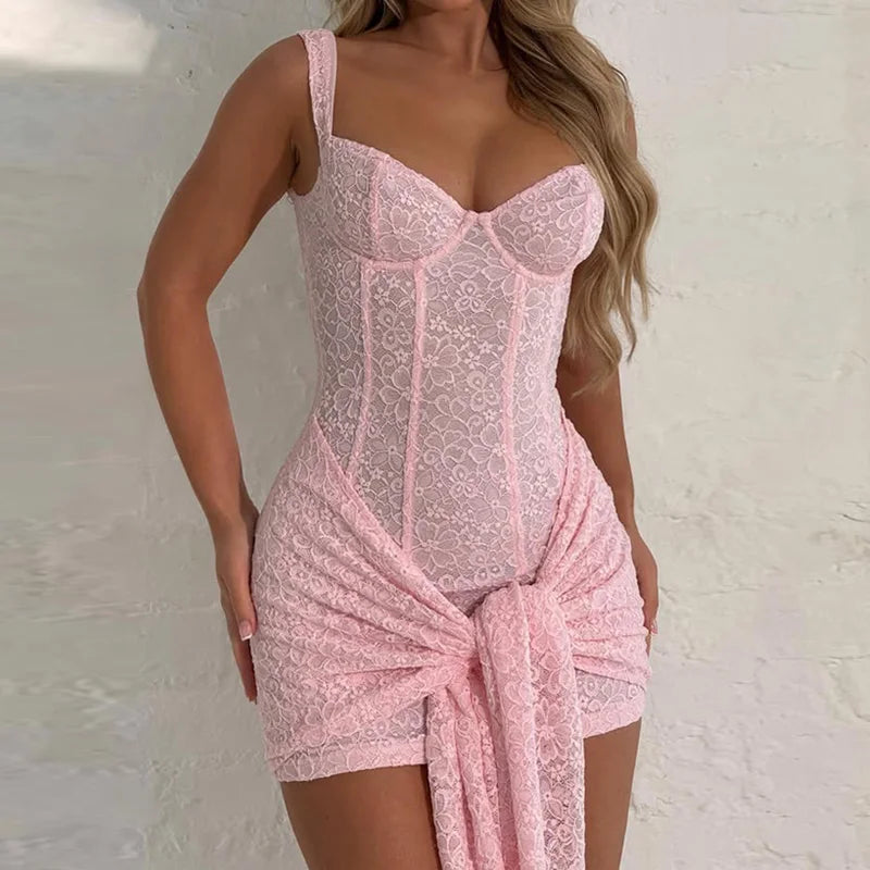 Weird Puss Summer Elegant Dress Women Y2K Chic Low-Neck Jacquard Wrapped Ribbon Bandage Birthday Party Clubwear Midnight Bodycon