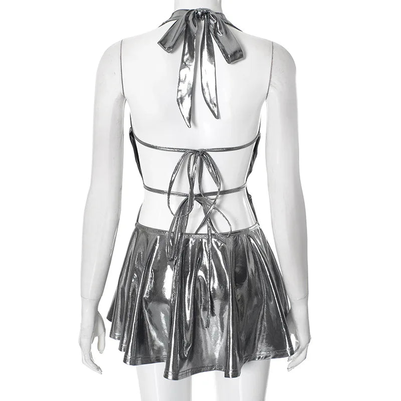 STYLISH LADY Shiny Metallic Pleated Dress 2025 Summer Women Halter Backless Luxury Silver Gold Club Party Evening Mini Dresses