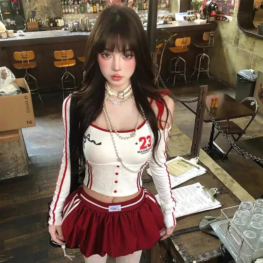 HLJ&GG Y2K Fashion American Women Two Piece Sets Women Off Shoulder Lace Patchwork Top + Bubble Mini Skirts Outfits Streetwear