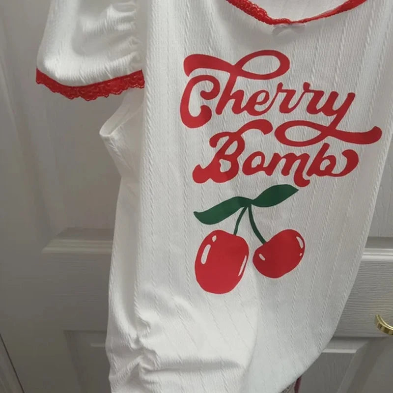 Y2k Sweet Cute Lace Trim Short Sleeve Women's Crop Top Korean Style Aesthetic Slim T-shirt Cherry Printed Basic Baby Tees