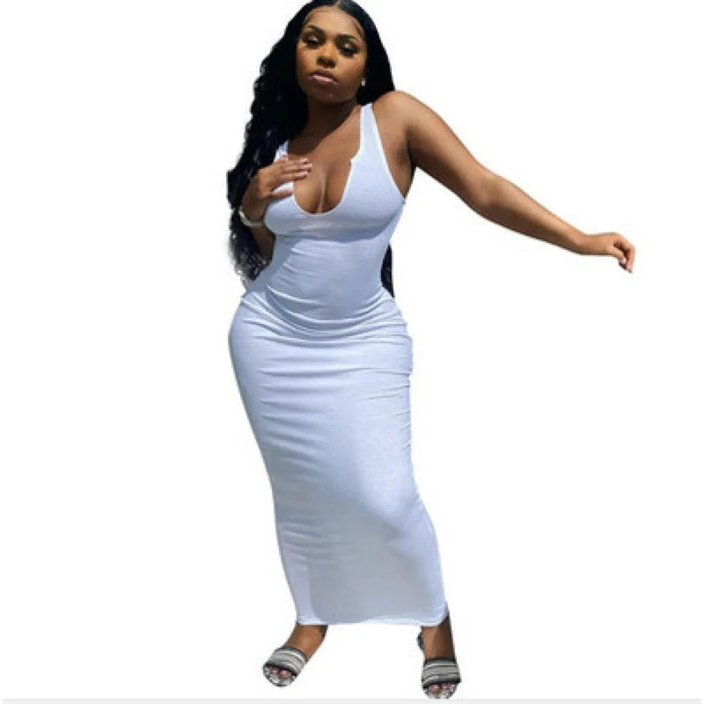 HLJ&GG Summer New Deep V Bodycon Long Dresses Women Sleeveless Backless Slim Vestidos Sexy Female Solid Color Streetwear Robe