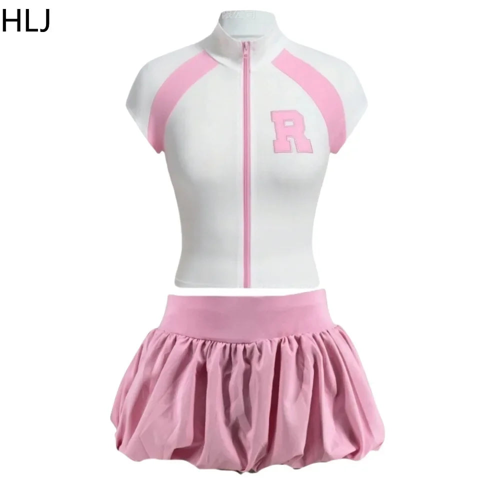 HLJ&GG Fashion Letter Embroidery Two Piece Sets For Women Zipper Short Sleeve Slim Top And Puffy Mini Skirts Outfits Streetwear