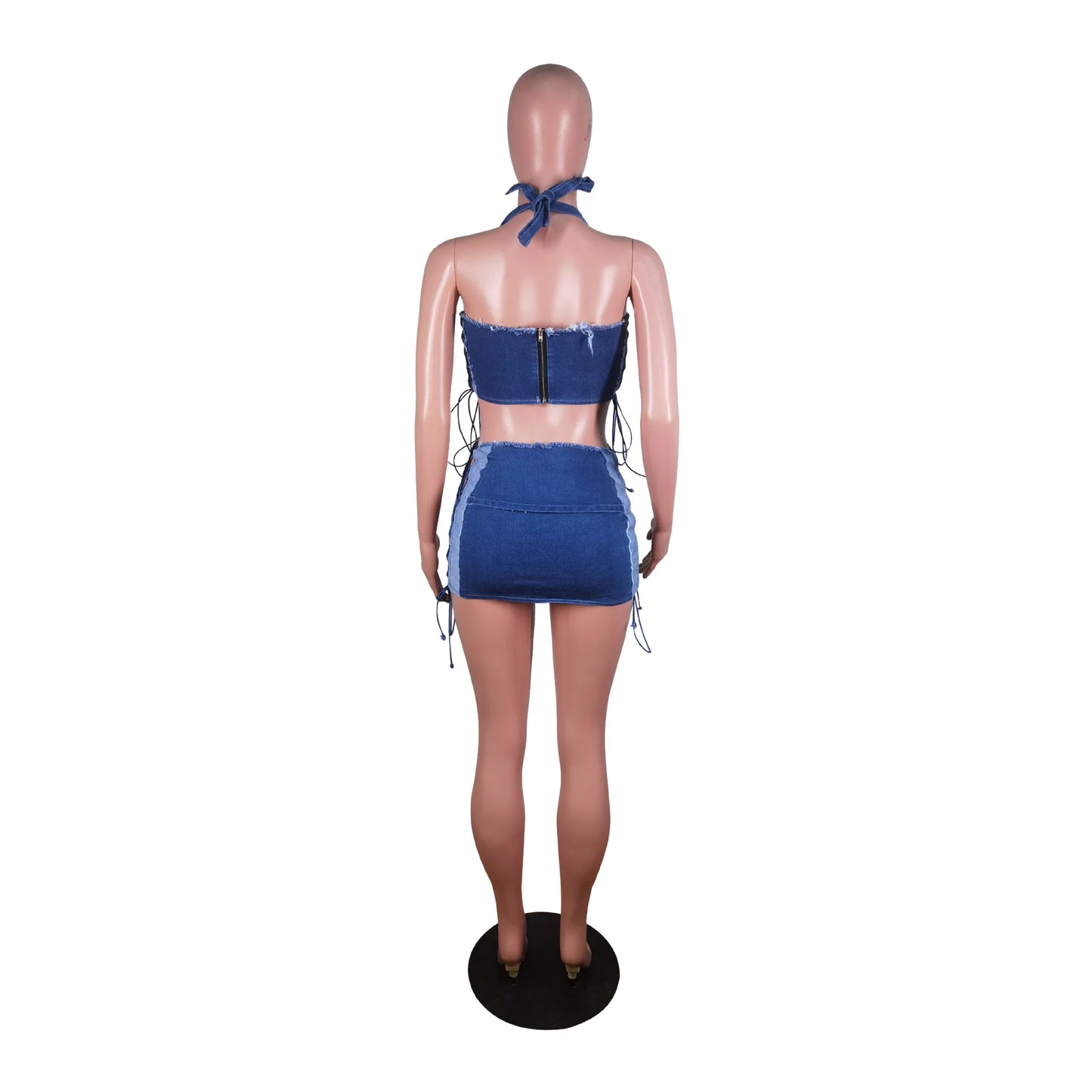 Weird Puss Hollow Bandage jeans 2 Piece Set Women Irregular Halter Zipper Sleeveless Crop Tops+Distressed Patchwork Skirts Suit