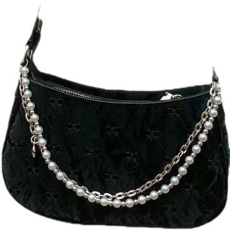 Pink Shoulder Bag Elegant Cute Bow Pearl Chains Bow Embroidery Handbag Casual Leather Korean Fashion Female Handbag