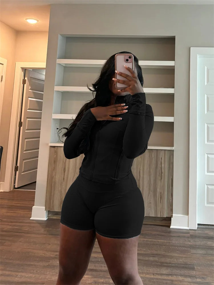 Weird Puss Casual Sporty 2 Piece Set Women Classic Tracksuit Cardigan Full Sleeve Jacket+Stretch Waist Skinny Shorts Trend Suits