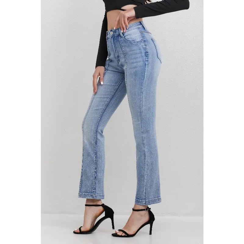 Women's High Waisted Light Blue Jeans with Panel Detail Flared Leg Fashionable Daily Wear Wide-leg jeans Stretch Straight Pants