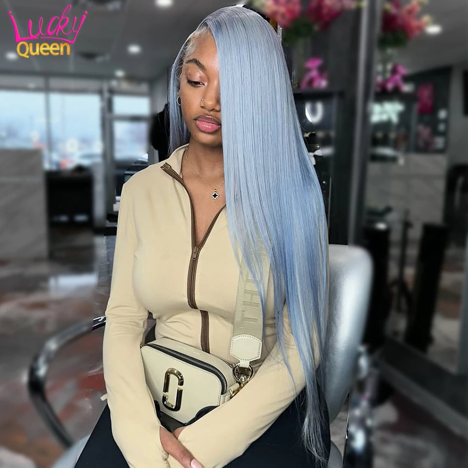 Icey Blue Silver Gray 13x6 Front 613 Colorful Wigs 180 Density Human Hair Pre Plucked For Women Transparent Lace Straight 13X4
