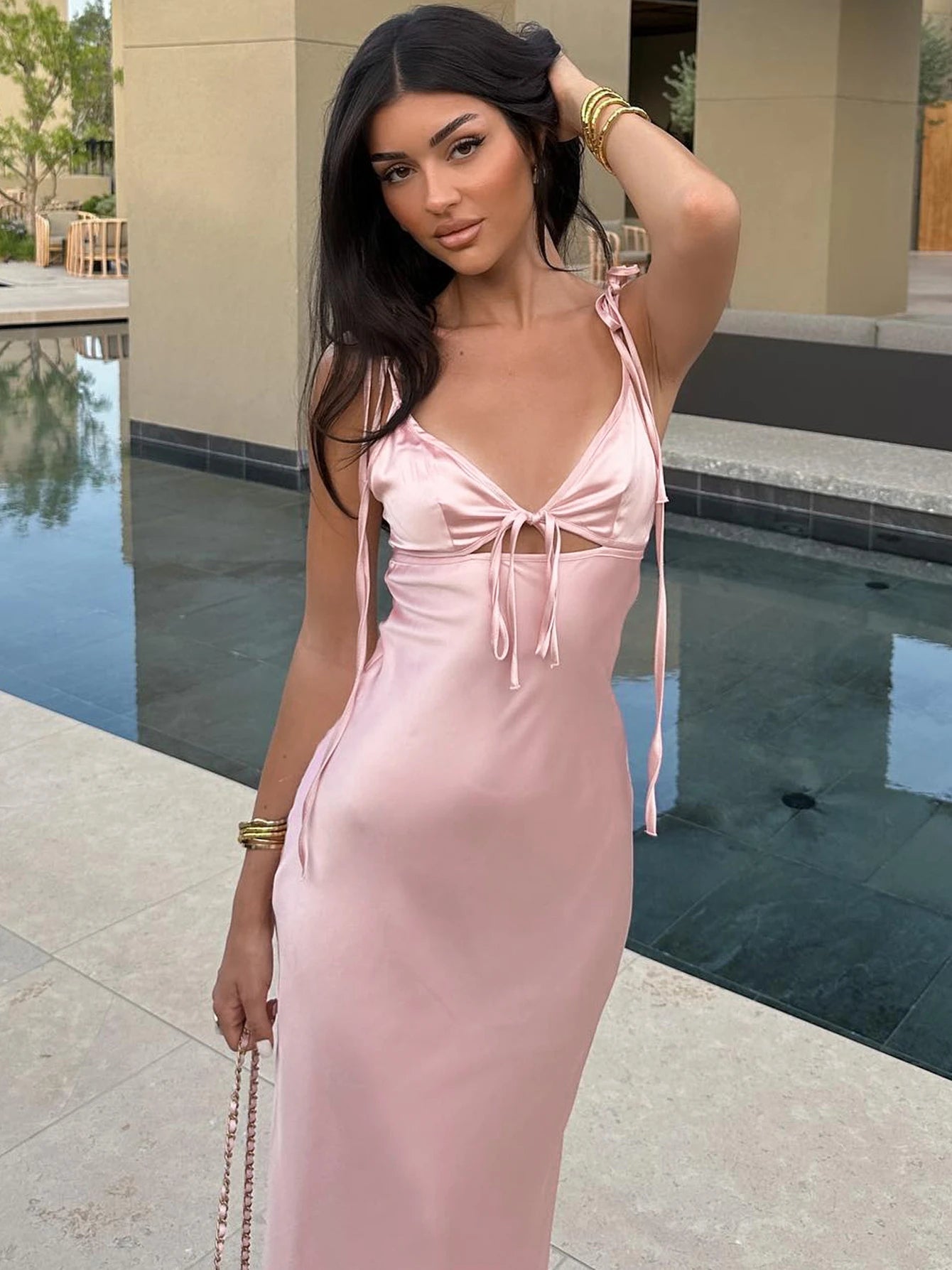 Dulzura Backless Lace Up Spaghetti Straps Cut Out Midi Dress Women Club Holiday Evening Party Dresses Y2K Clothes Drop Shipping