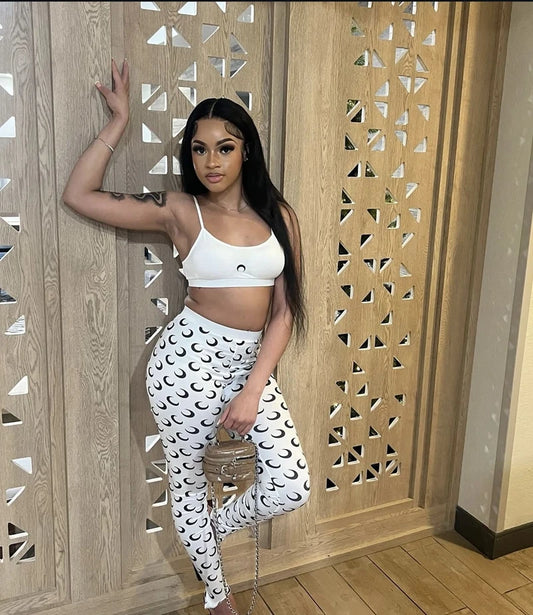 STYLISH LADY Moon Printed Sports 2 Piece Set Women Spaghetti Strap Crop Top and Skinny Pant Suits 2025 Summer Fitness Outfits