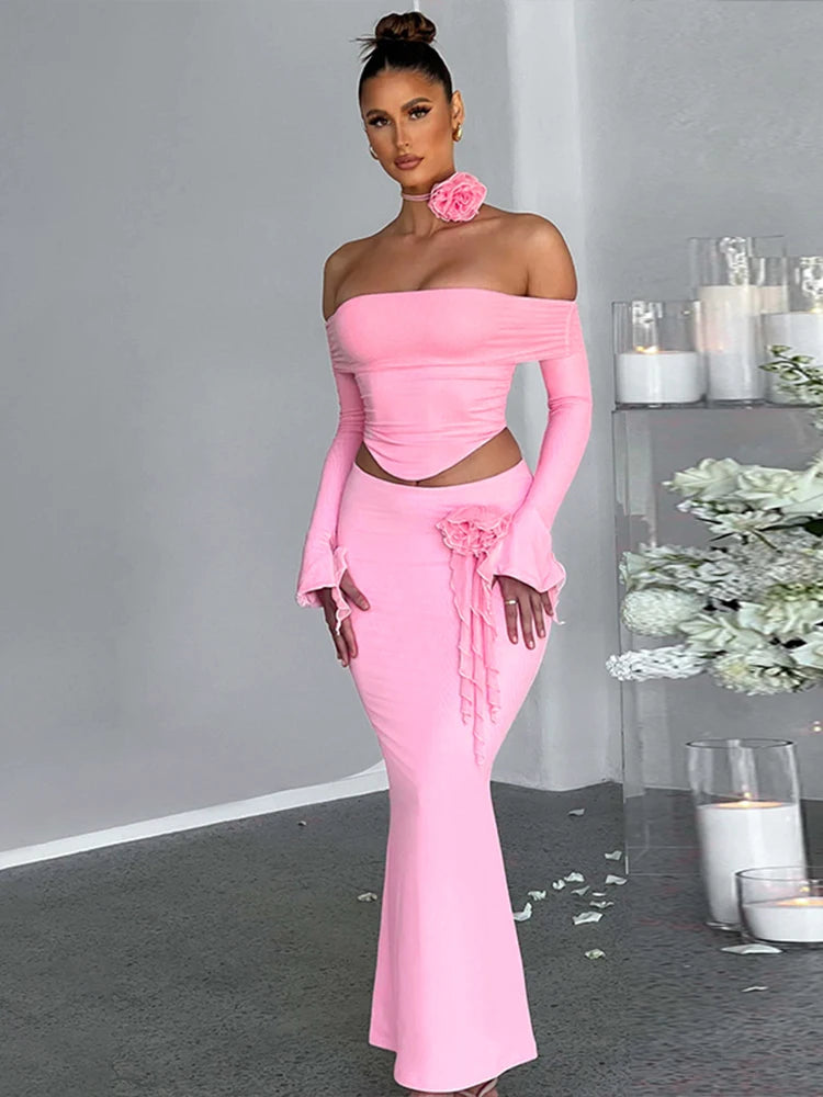 Dulzura Matching Suit Neck Accessories 3D Flower Off Shoulder Long Trumpet Sleeves Crop Top Tassel Maxi Skirt 2024 Autumn Women