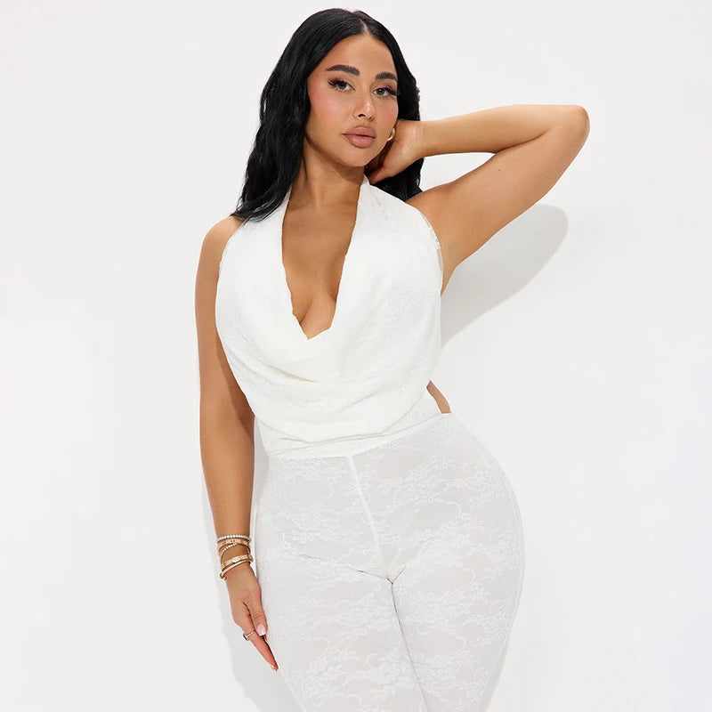 CUTENOVA Women'S Sexy Solid Color Lace Patchwork Swing Collar Hanging Neck Big Backless Skinny Jumpsuit Summer Elegant Jumpsuit