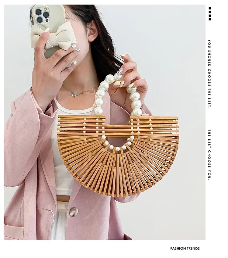 Women's Hand - Woven Bamboo Bag | Bamboo Woven Basket Style, Beach Vacation Essential, Handheld Bucket Design