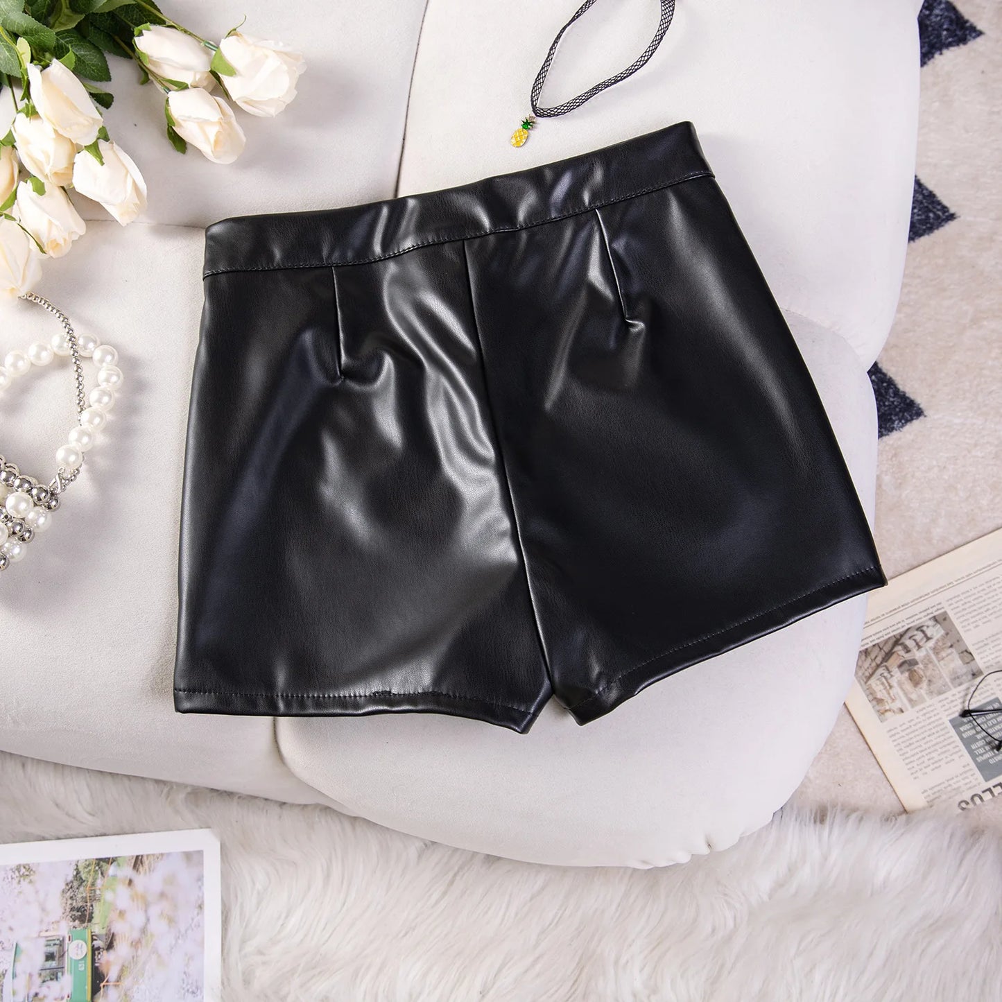 HLJ&GG Sexy Sequin Butterfly Tie Bra Vest Two Piece Sets Women Lace Up Sleeveless Backless Crop Top And Leather Shorts Outfits