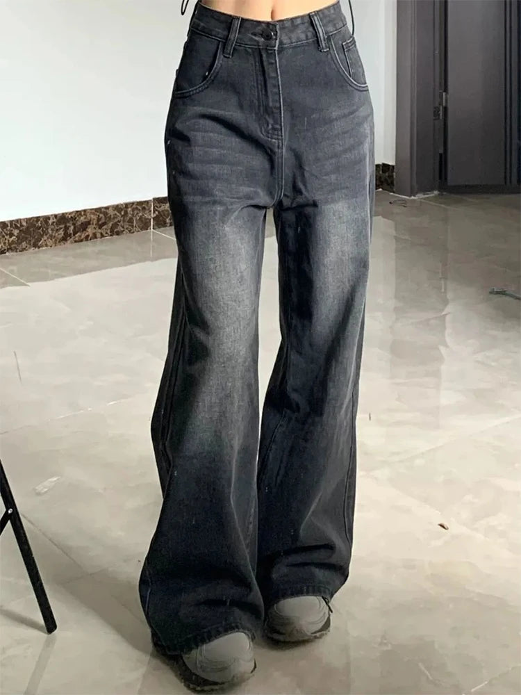 Korean Vintage High Waist ladies Jeans Y2K Slimming Pear-Shaped Loose Straight Bell Bottoms Black Gray Baggy Trousers