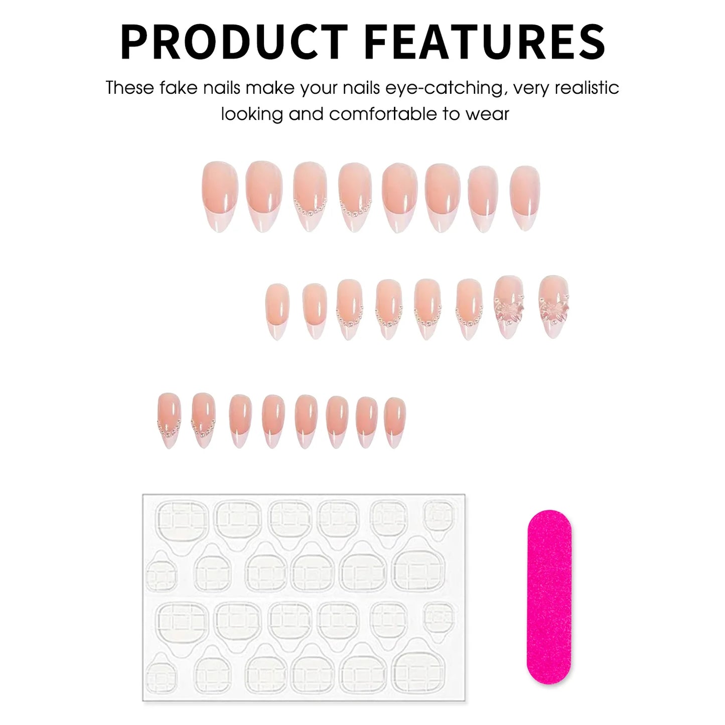 24pcs French Almond False Nails Sweet Pink Pearl Bow Decor Fake Nails Wearable Detachabe Sweet Korean Press on Nails for Girls