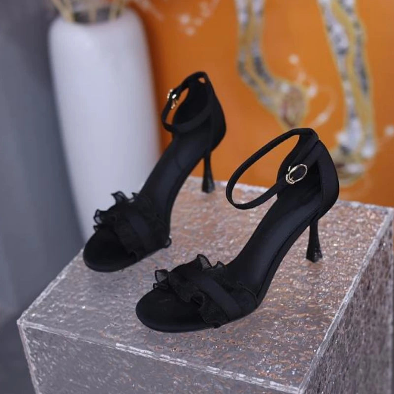 Heeled Women's Sandals Open Toe Stiletto Ladies Shoes 2025 Luxury Vintage Low Price Pvc Summer Comfortable Sale Trend Korea Shoe