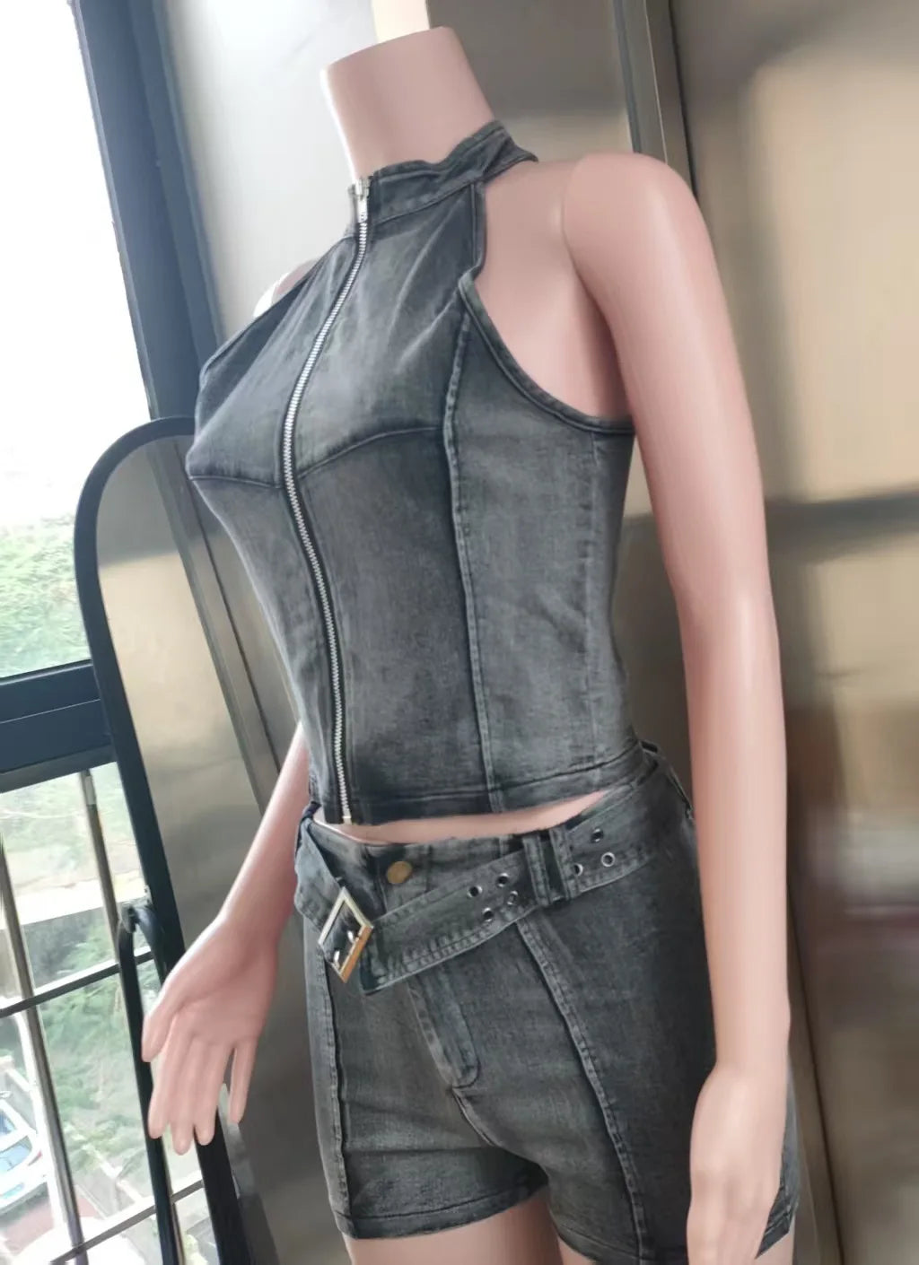 Weird Puss Distressed Style jeans 2 Piece Set Women Zipper Cardigan Sleeveless Crop Top+Skinny Shorts Hottie Street Hipster Suit