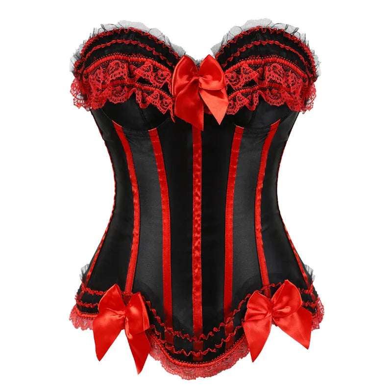 Sapubonva Lace up corsets bustiers top sexy satin overbust corset striped ladies satin halloween big size red black pink korsett