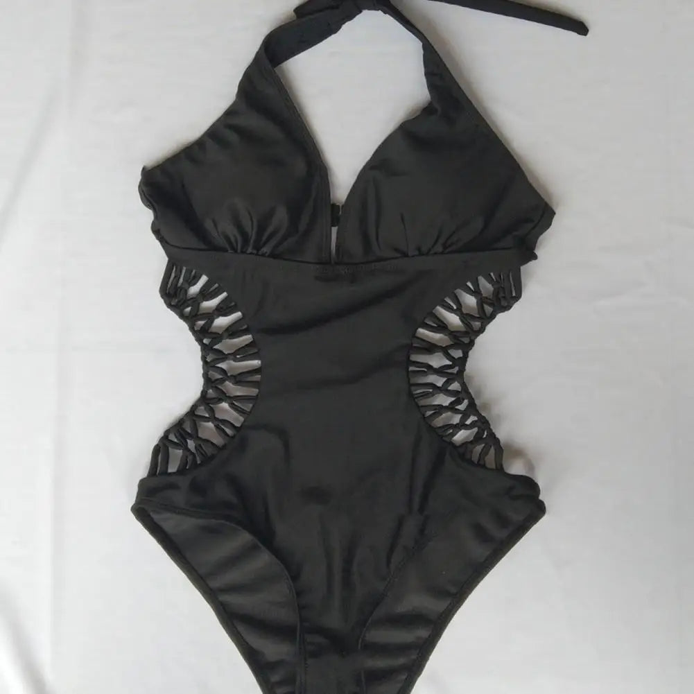 Summer Women Monokini Solid Color Hollow Out See-through Deep V Neck Lady Swimsuit Elastic High Waist Padded Bathing Suit