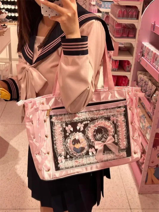 New Y2K Sweet Lolita Pink Ita Bag Women Japanese Transparent Large Capacity Tote Bag Ladies Harajuku Kawaii Handbag Aesthetic