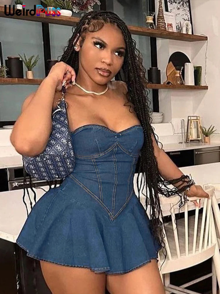 Weird Puss Fake jeans Strapless Sexy Dress Women Summer Trend Skinny Hipster Fashion Concert Birthday Party Clubwear Y2K Bodycon