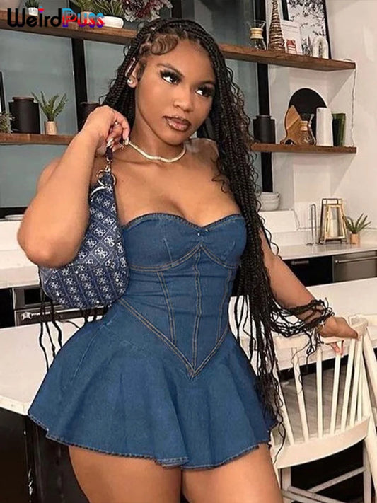 Weird Puss Fake jeans Strapless Sexy Dress Women Summer Trend Skinny Hipster Fashion Concert Birthday Party Clubwear Y2K Bodycon