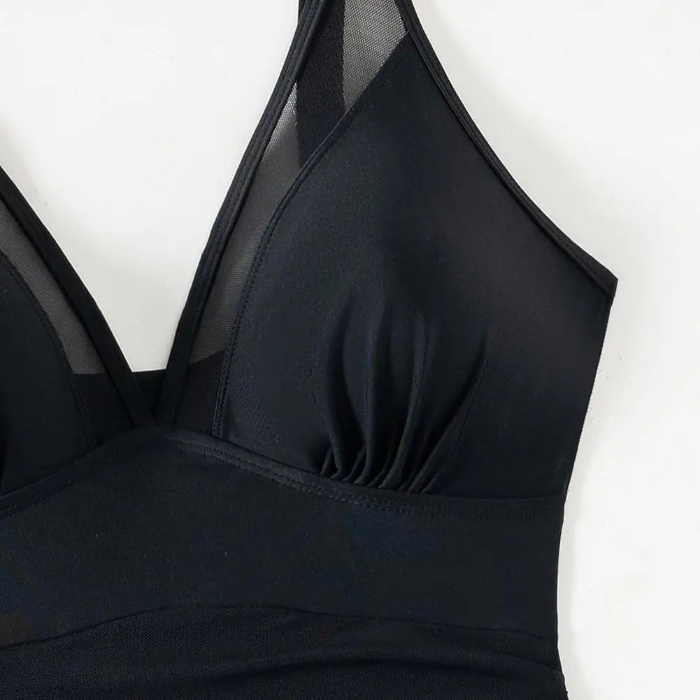 One Piece Women's Swimsuit Solid Color V Neck Tummy Control Swimwear Sexy Mesh Sheer Wrap Bathing Suit For Beach Vacation
