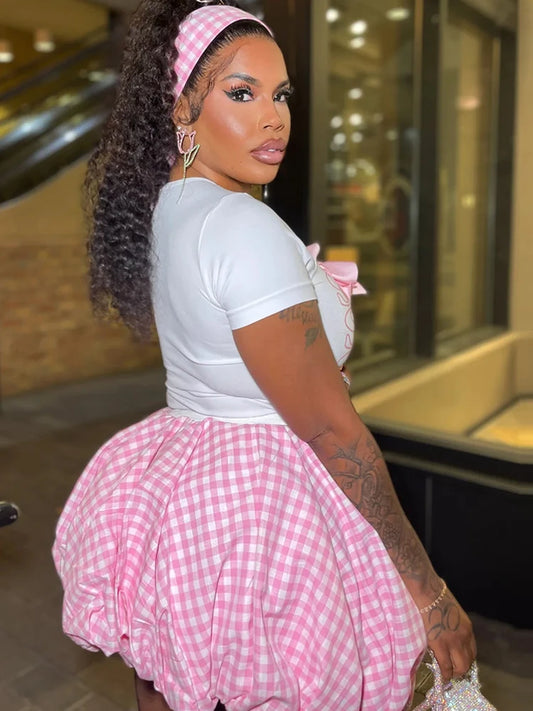 Kricesseen Cute Girls Sweety Bow-Tiw Tee Tops And Plaid Ruffles Skirt Set Two-Piece Pink Holiday Outfits