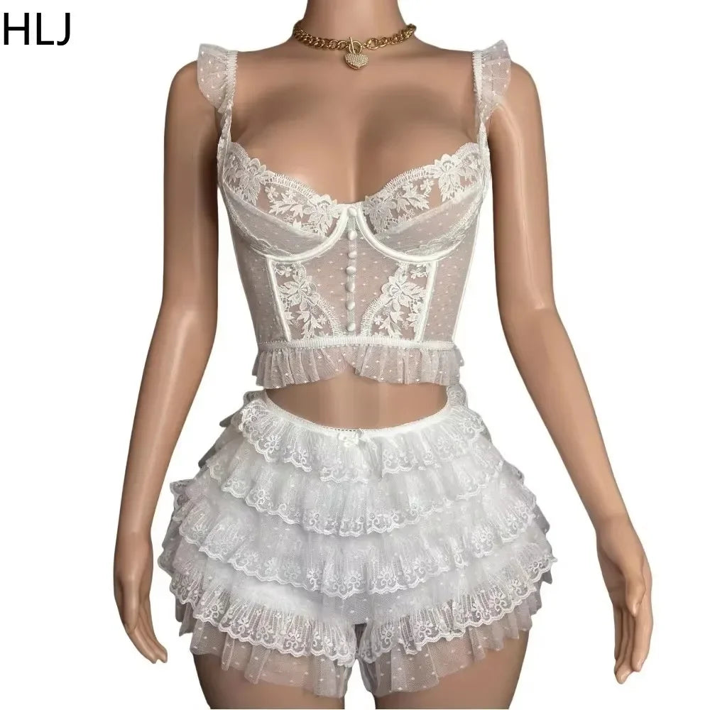 HLJ&GG Lace Sexy Embroidery Sheer Two Piece Sets For Women Thin Strap Tank Top + Ruffle Mini Skirts Shorts Outfit Party Clubwear