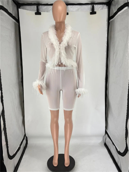 Weird Puss Sexy See Through 2 Piece Set Women Feather Patchwork Full Sleeve Tops++Skinny Shorts Midnight Club Party Trend Suit
