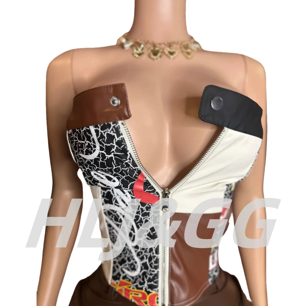 HLJ&GG Brown Y2K Fashion Leather Cargo Shorts Two Piece Sets Women Off Shoulder Zip Slim Crop Top And Shorts Outfits Streetwear