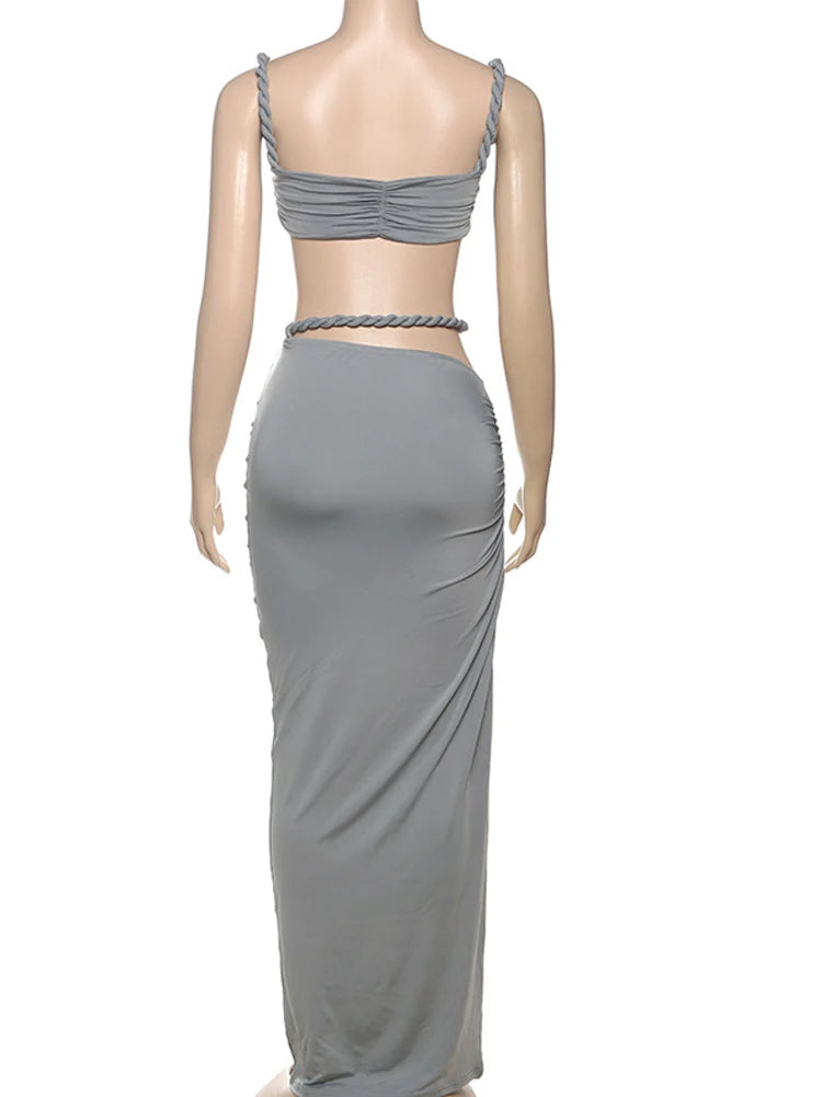 Kricesseen Women's Spaghetti Straps Tube Top And Matching Skirt Set Summer Bandage Two-Piece Dress Night Clubwear Vestidos