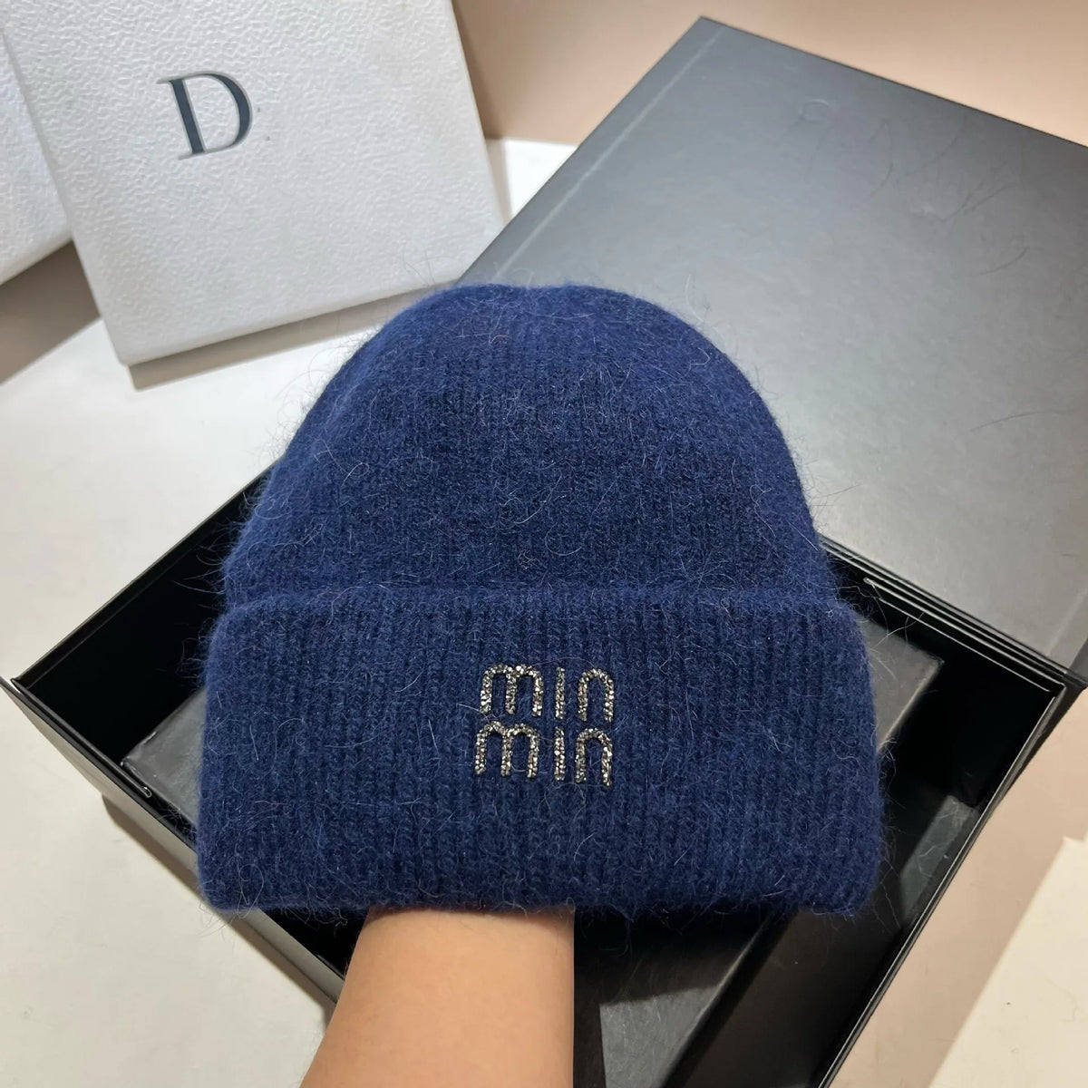 Luxury rhinestone Letters Fashion Winter hats for men and women Real rabbit fur wool Skullies Beanies Knit hats for men and wome